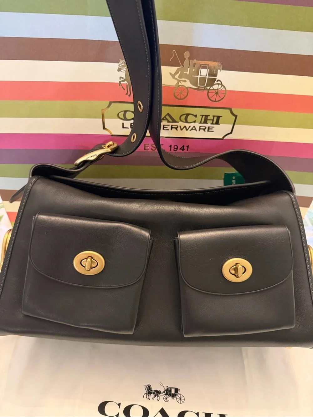 NWT Coach Haversack CDZ12 Black Leather Brass Shoulder Bag, Bleecker Archive - Picture 7 of 10